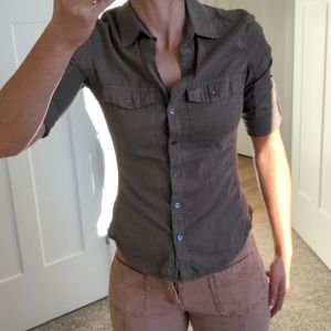 James Perse Ribbed Panel Button Down, Olive, Size 0